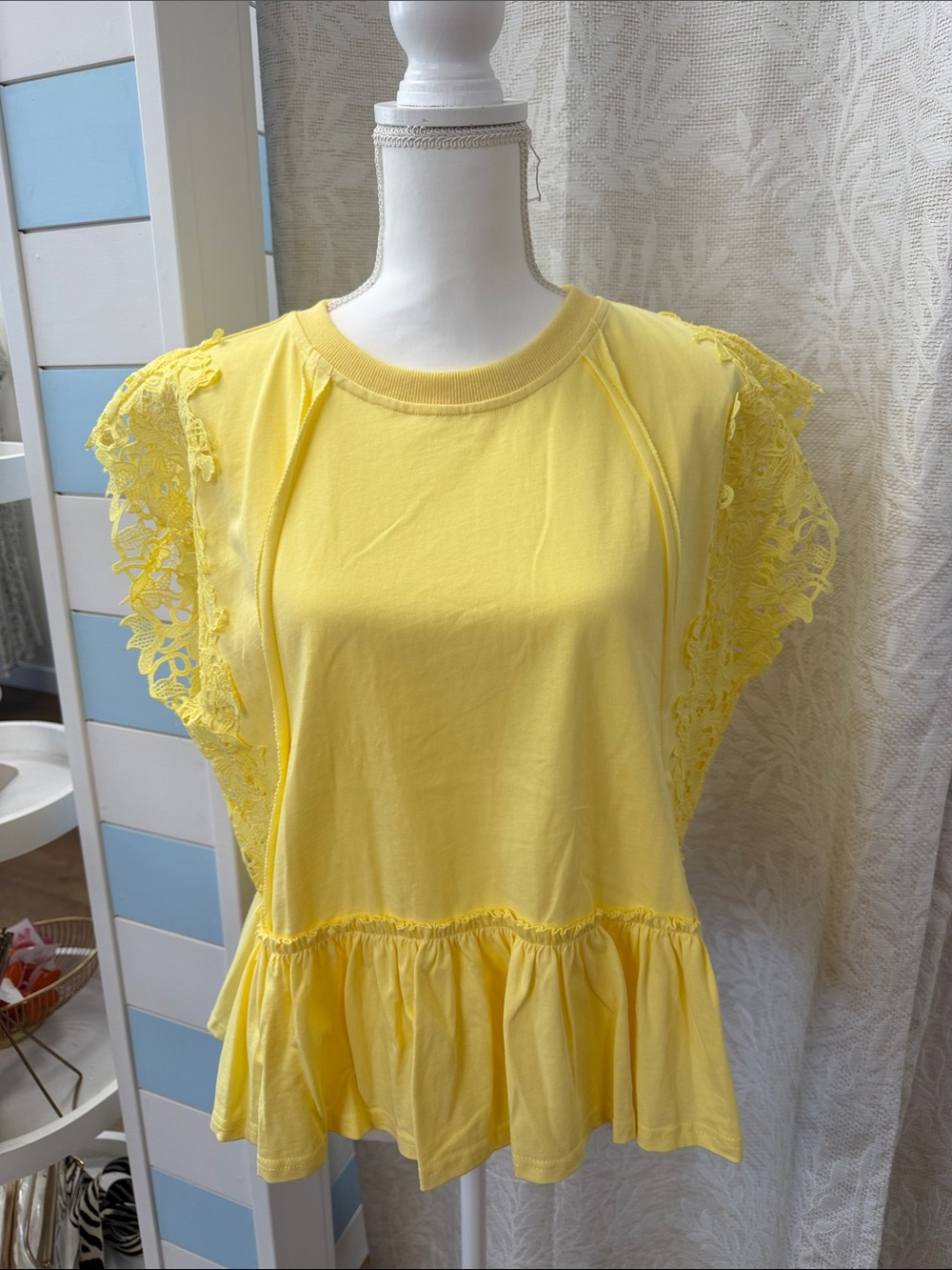 BiBi Sunny Yellow Lace Sleeve Peplum Top